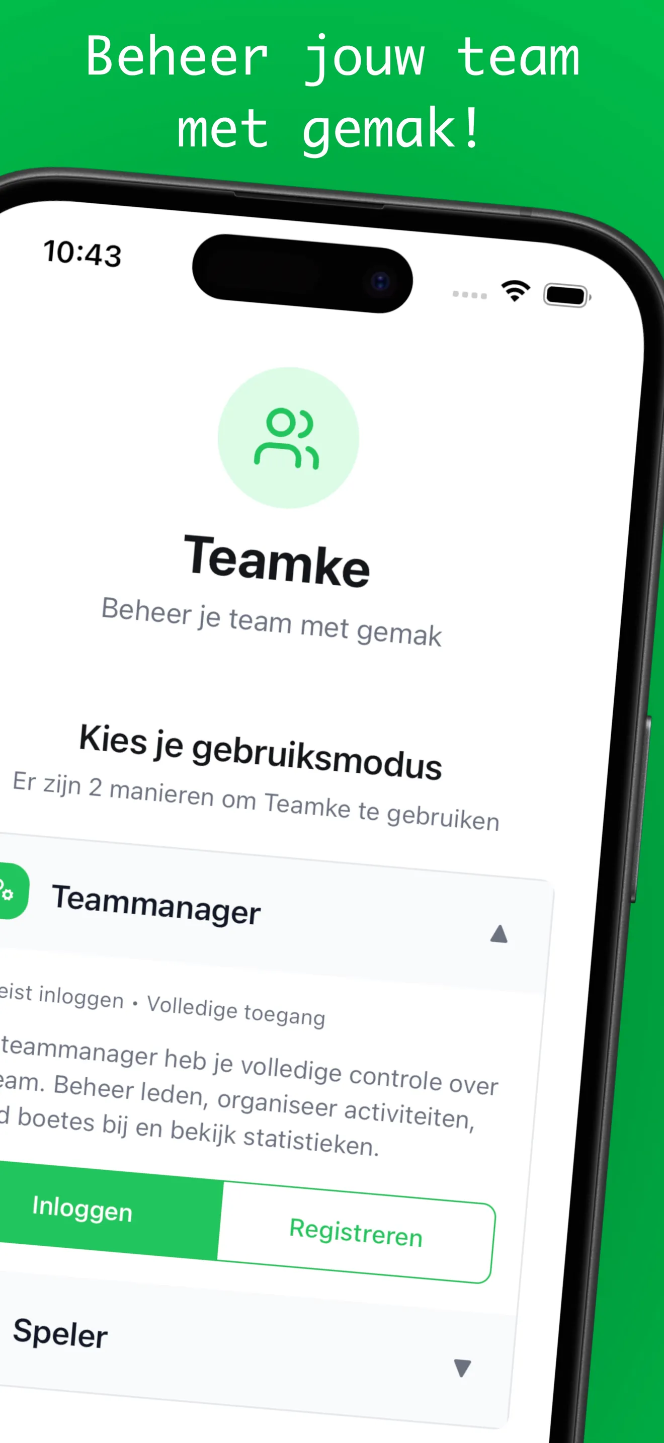Welkomstscherm van de Teamke-app
